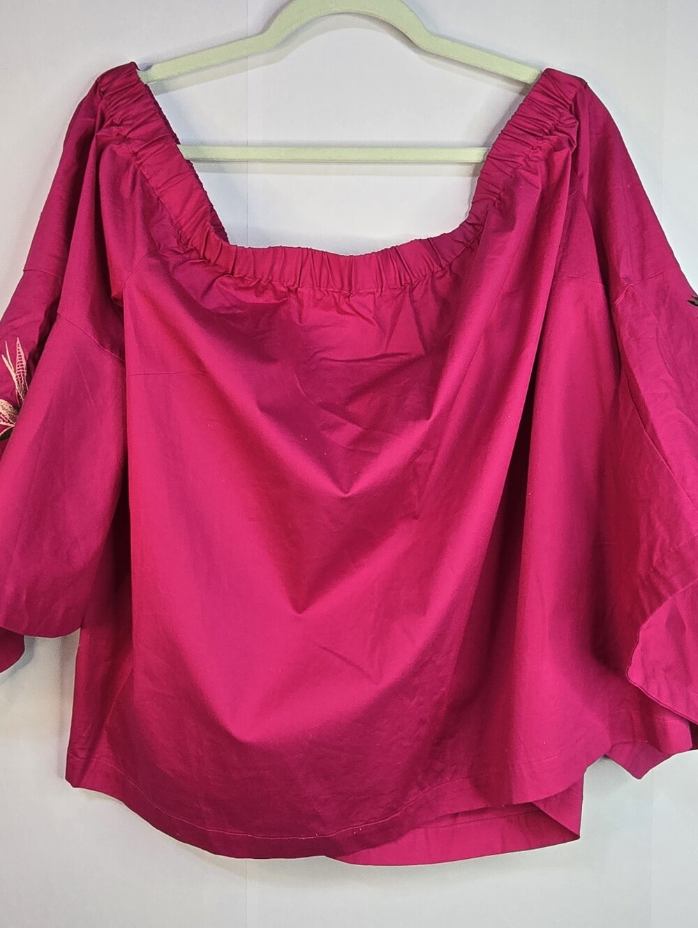 LANE BRYANT Size 22/24 Hot Pink Off-Shoulder Crop Blouse, Embroidered Sleeves